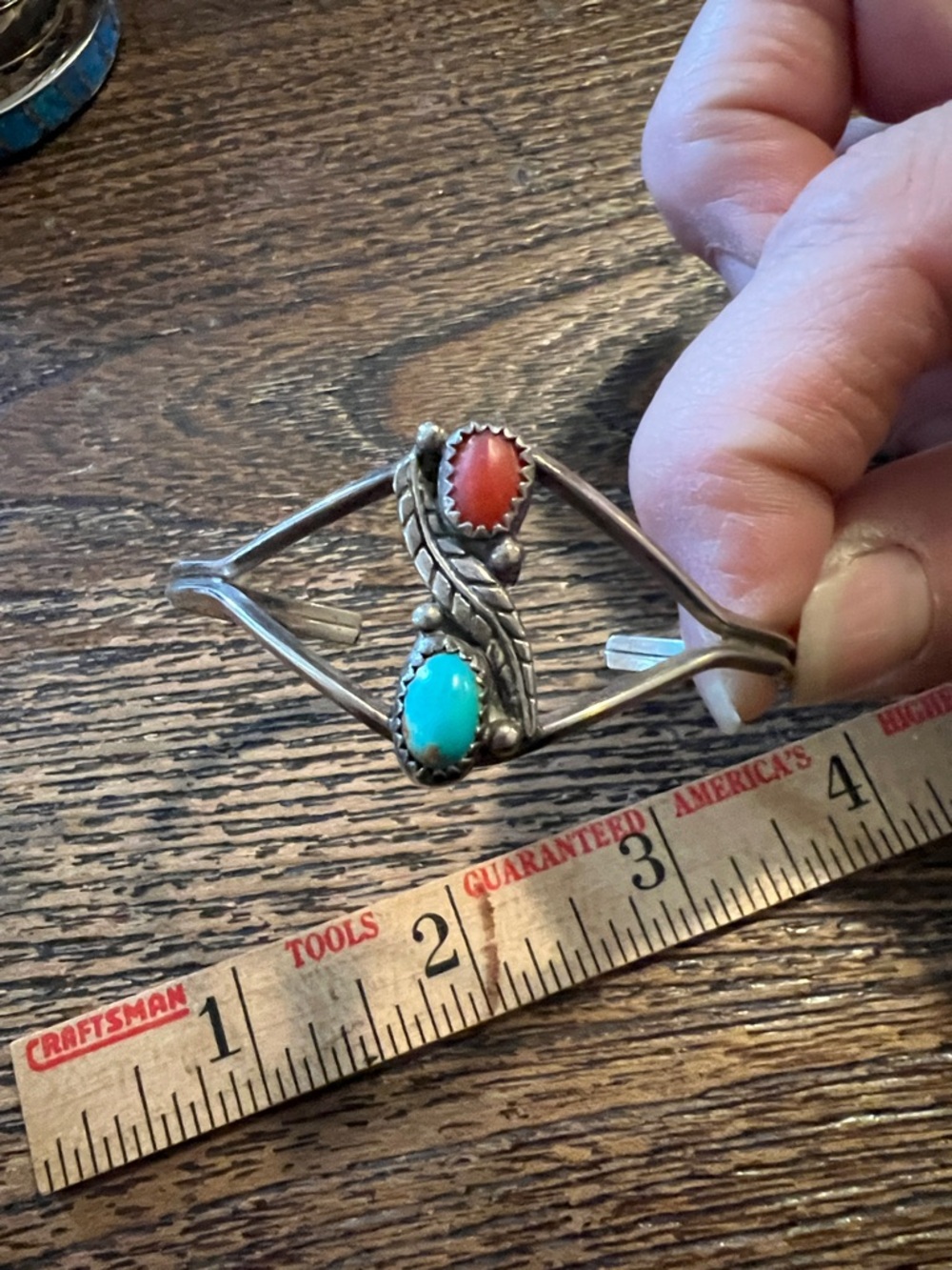 Native American Sterling Silver turquoise & coral cuff bracelet feather